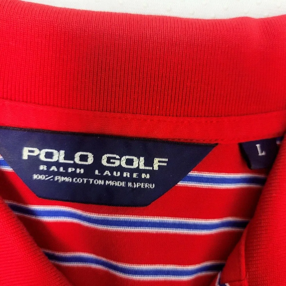 Polo Golf Ralph Lauren Size L Red Blue Striped 100% Pima‎ Cotton Stretch Knit
